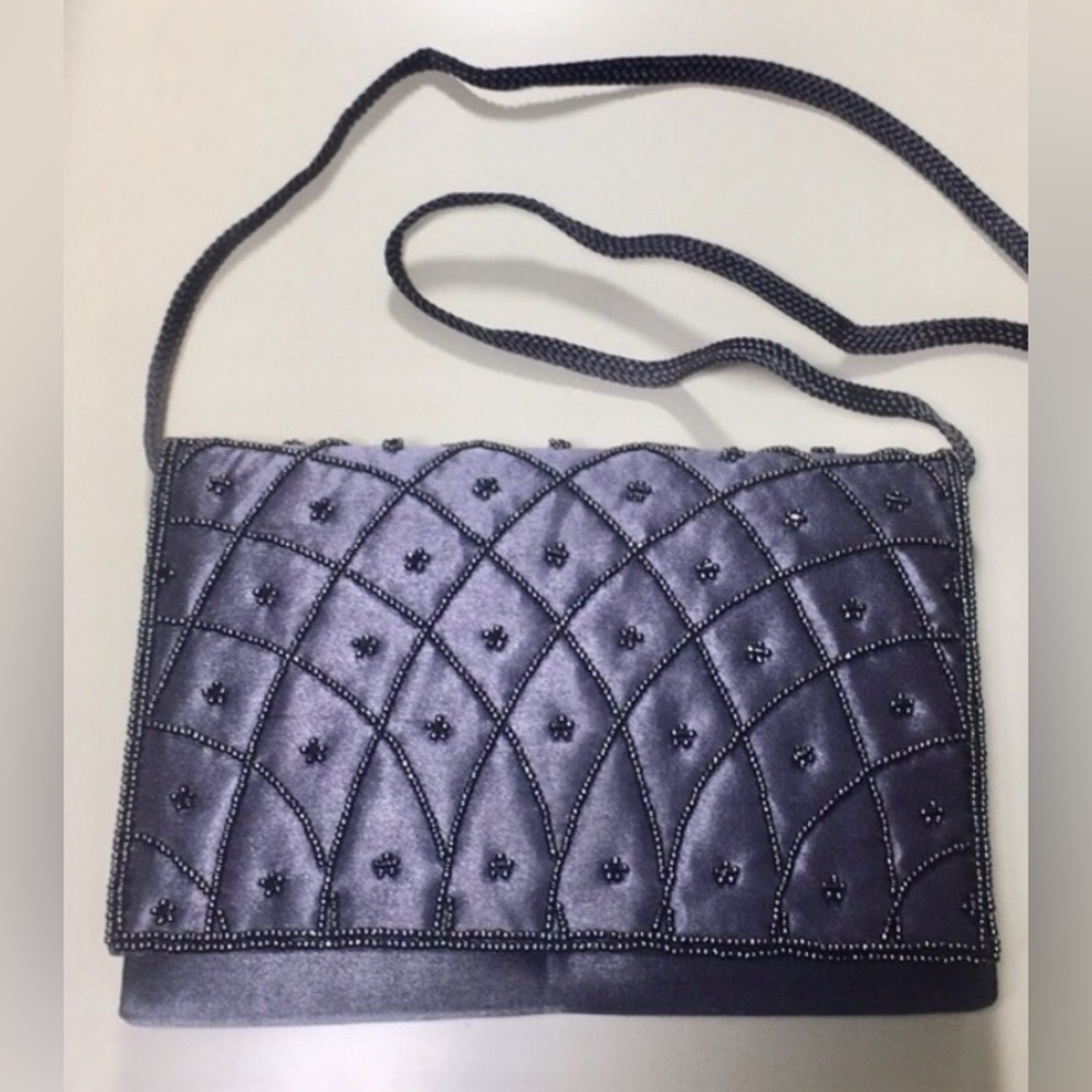 Vintage Silver Steal Gray Beaded Snap Closure Clutch and Shoulder Bag